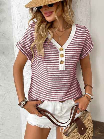 Summer V-neck Short Sleeve Knitted T-shirt Patchwork Button Pullover Top for Ondaum