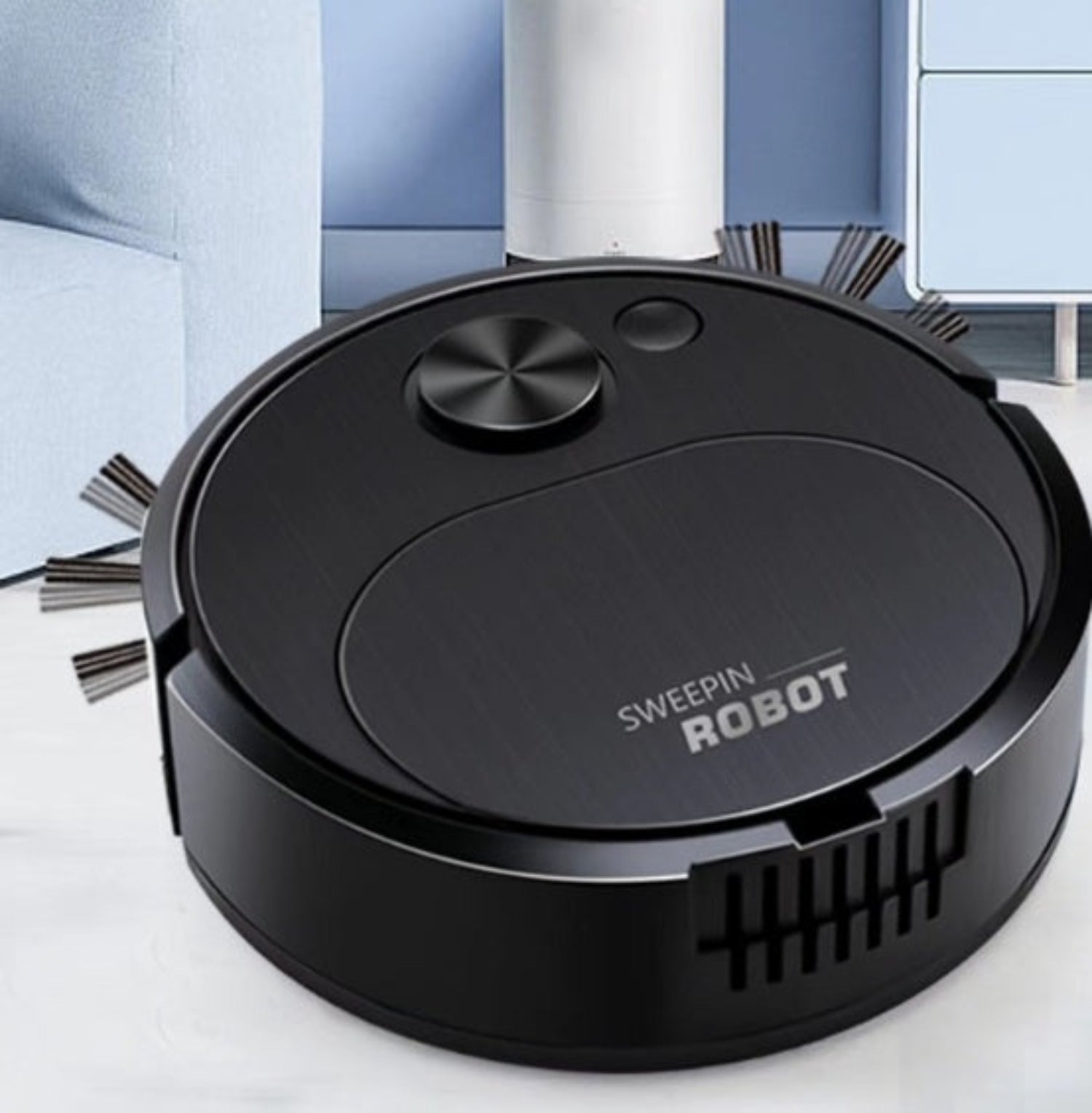 Black robot vacuum cleaner with 'Sweepin Robot' branding on a white floor.