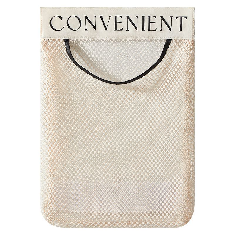 Mesh bag with black handle and 'CONVENIENT' text on a white background
