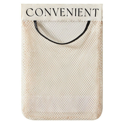 Mesh bag with black handle and 'CONVENIENT' text on a white background