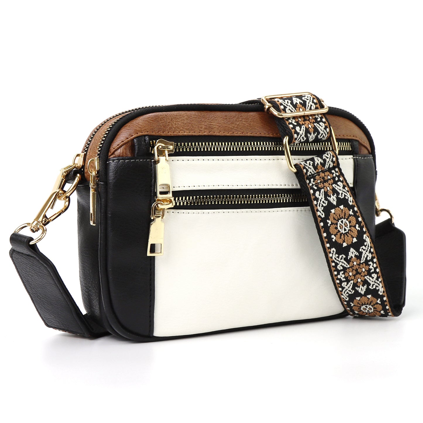 Triple-Zipper Shoulder Bag with Floral Embroidered Straps