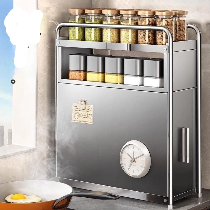 Modern spice rack with jars on a kitchen counter, featuring the brand 'Anti-Smoke'.