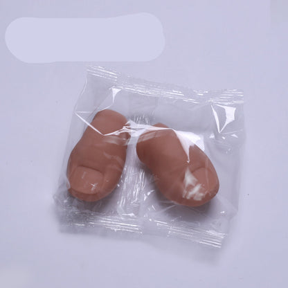 Two brown feet in clear plastic packaging on a white background with the word 'Bald' above.