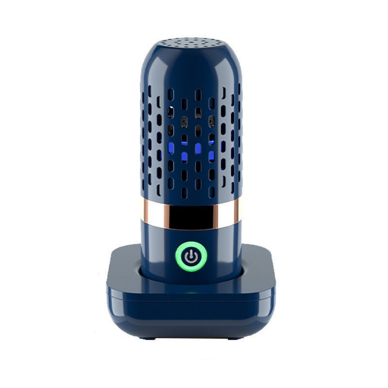 Blue cylindrical device with a power symbol on a white background