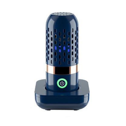 Blue cylindrical device with a power symbol on a white background