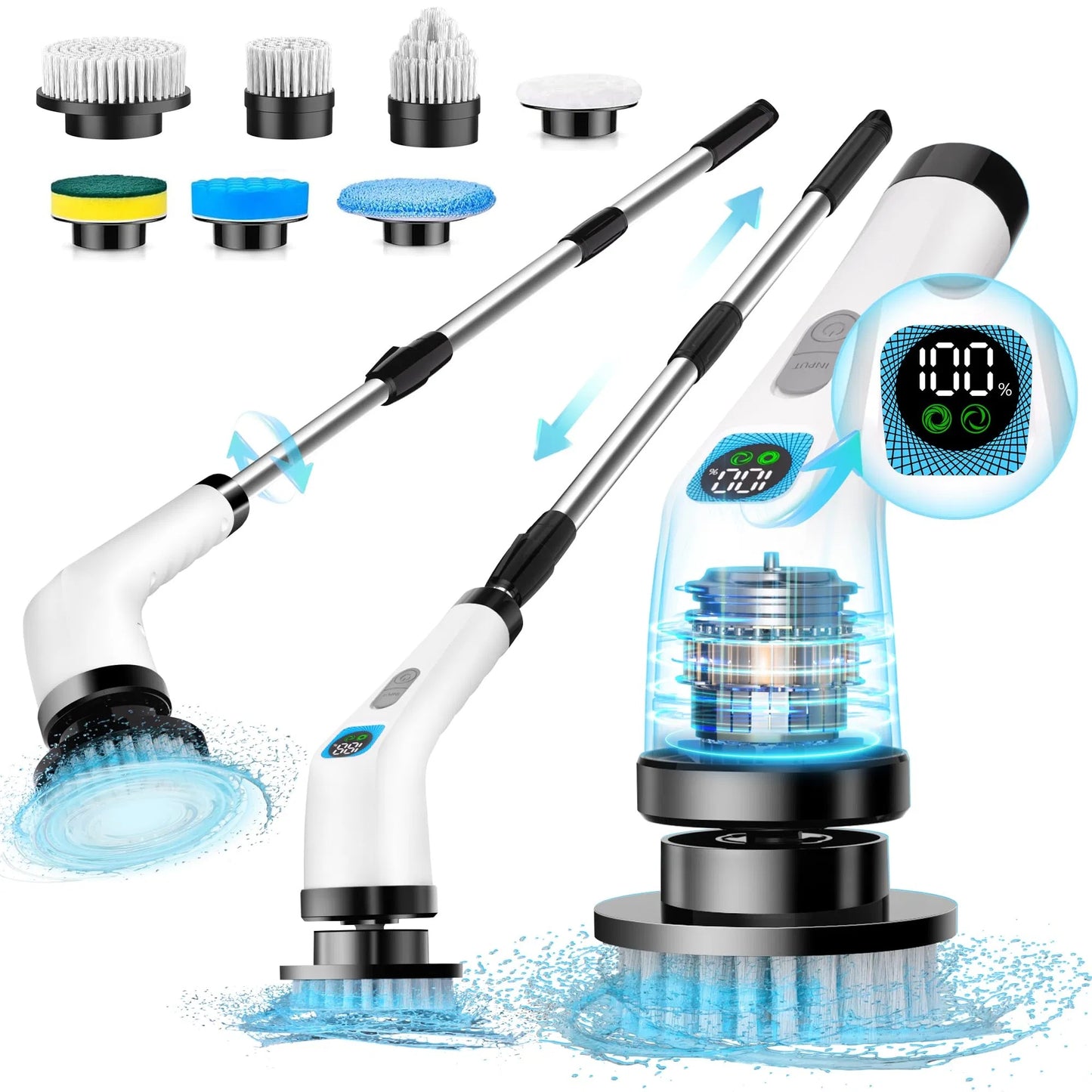 Cordless Electric Spin Scrubber with Long Handle and 7-in-1 Brush Heads