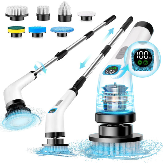 Cordless Electric Spin Scrubber with Long Handle and 7-in-1 Brush Heads