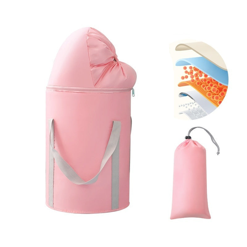 Pink insulated bag with measurements and features on a white background