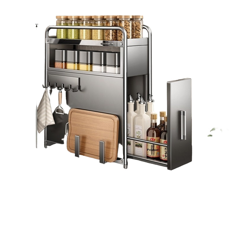 Kitchen storage rack with shelves and hooks on a kitchen counter, showing dimensions and product details.