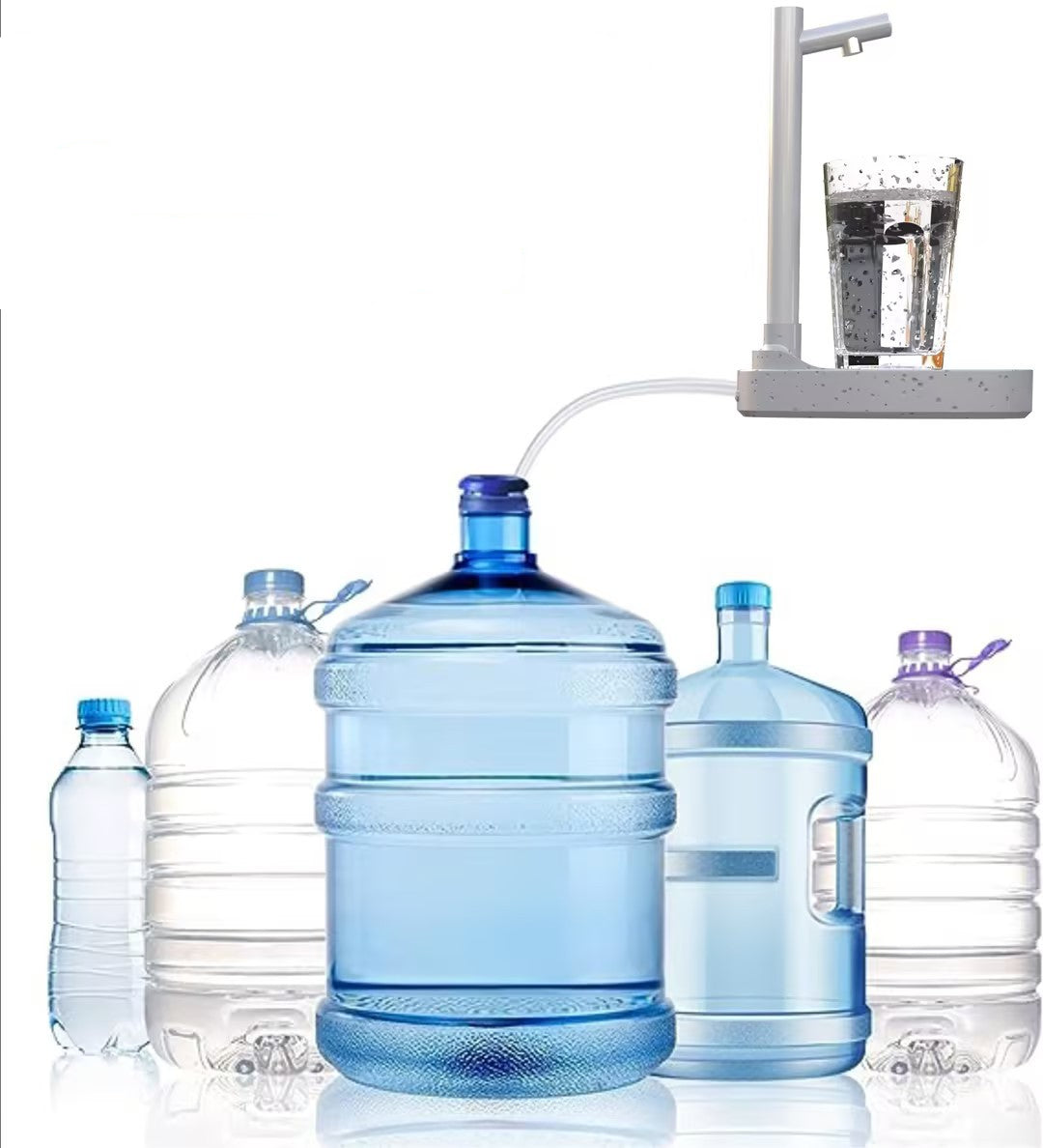 Bottles of water with a water dispenser on a white background