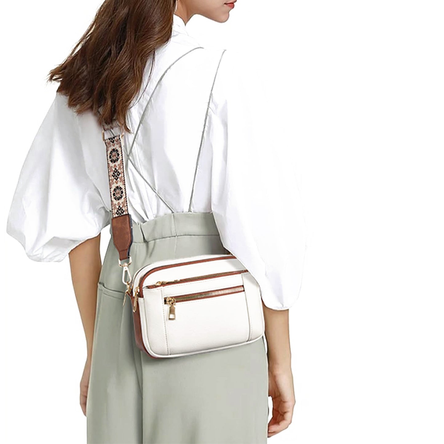Triple-Zipper Shoulder Bag with Floral Embroidered Straps