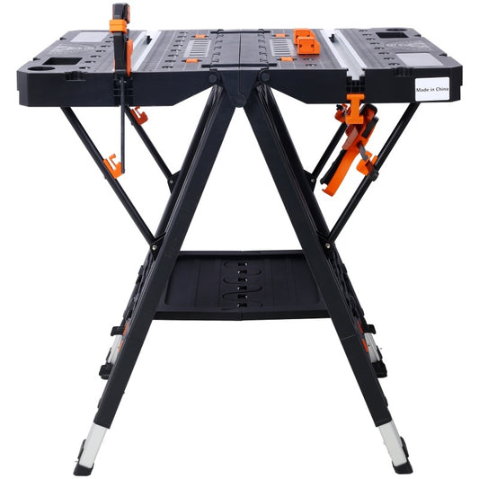 Portable workbench with adjustable platforms on a white background