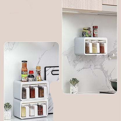 Wall-mounted spice rack with labeled features on a kitchen background