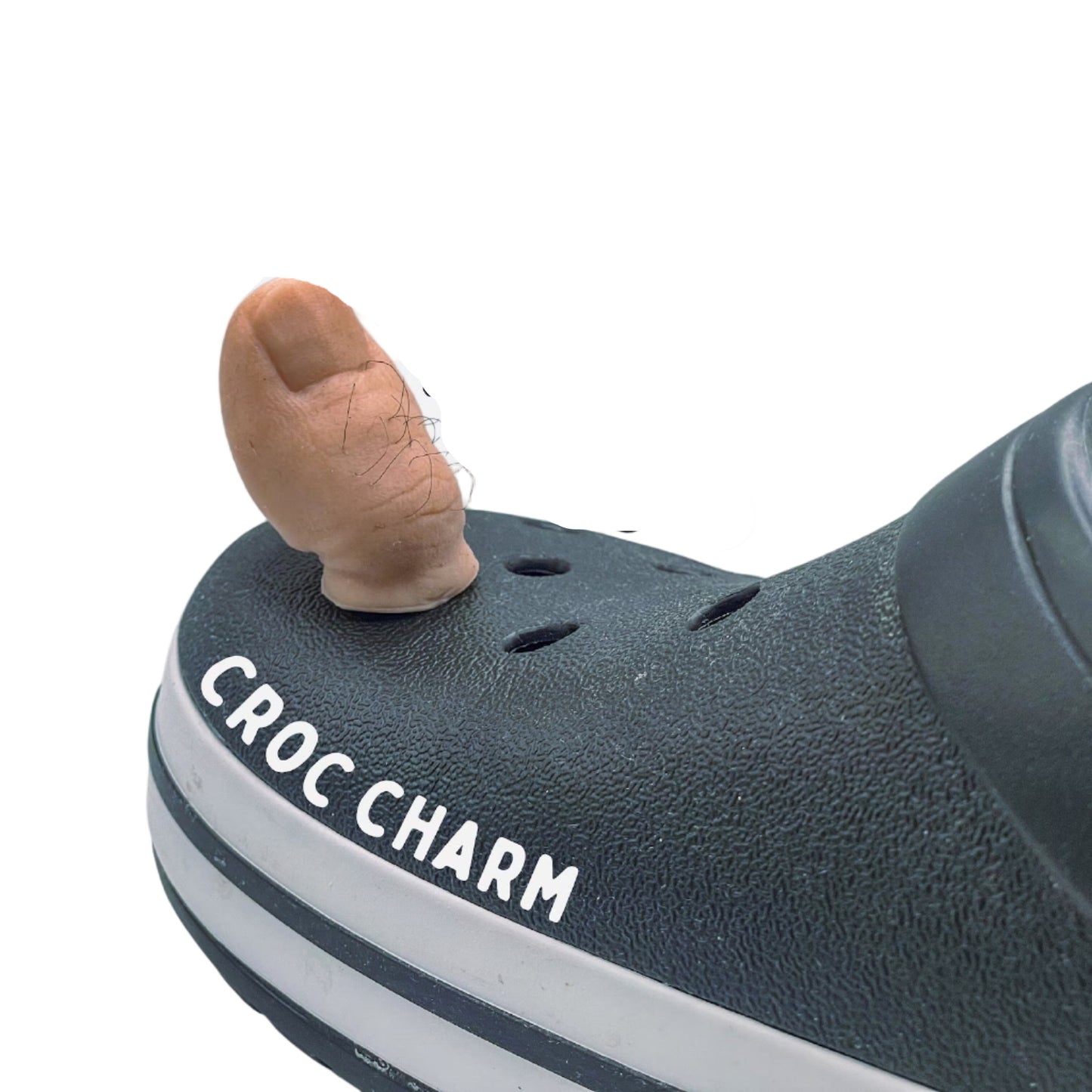 Croc charm shaped like a big toe on a gray croc shoe with 'Billy's Big Toe' text.