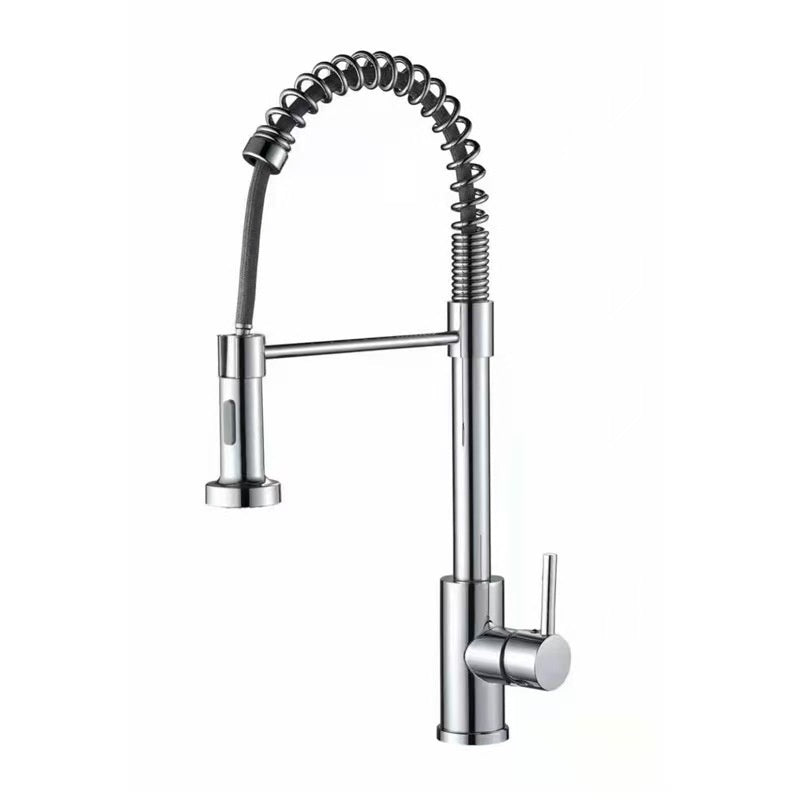 Chrome kitchen faucet with a pull-down sprayer on a white background