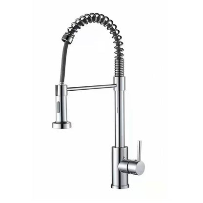 Chrome kitchen faucet with a pull-down sprayer on a white background