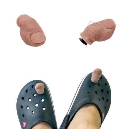 Comparison of bald and hairy conditions on a small model, with a person wearing black Crocs with foot models.