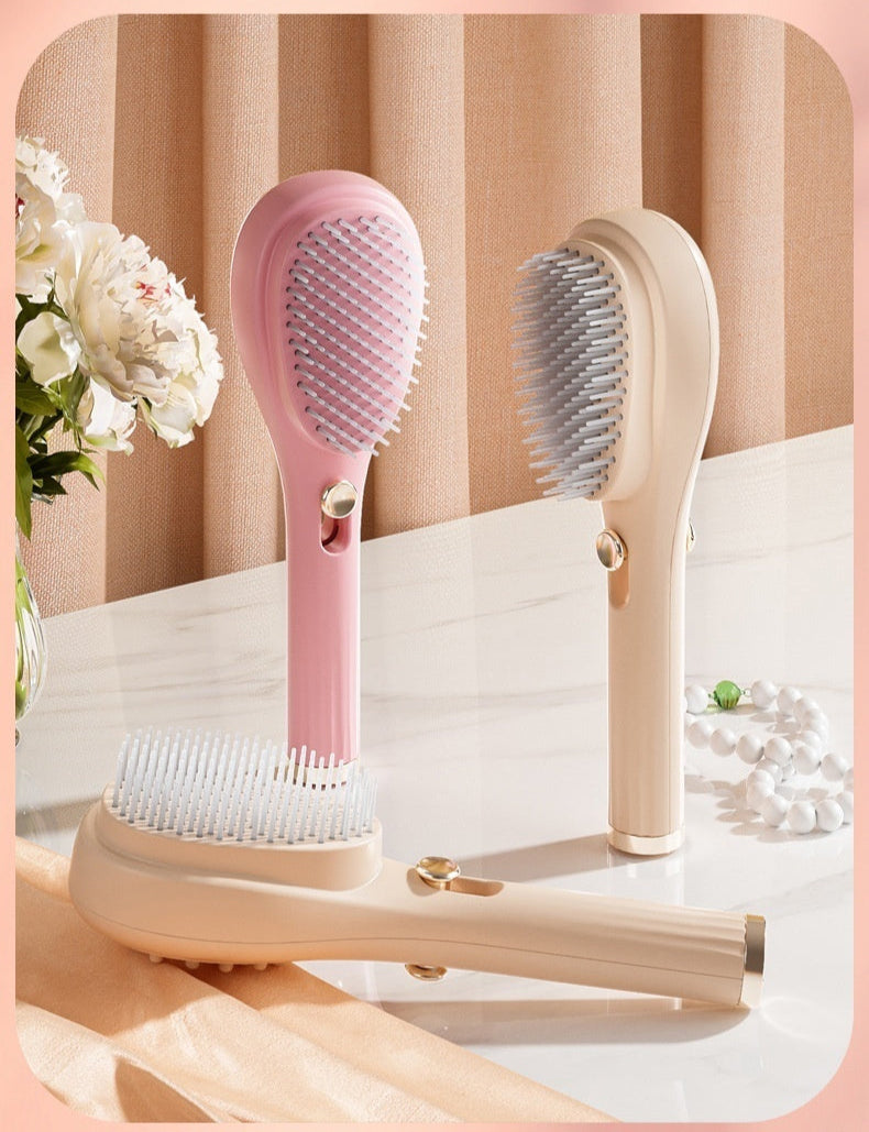 Two massage brushes on a decorative table with flowers and text overlay.