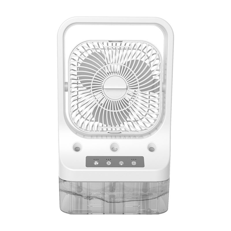Portable fan with a white frame and gray base on a white background